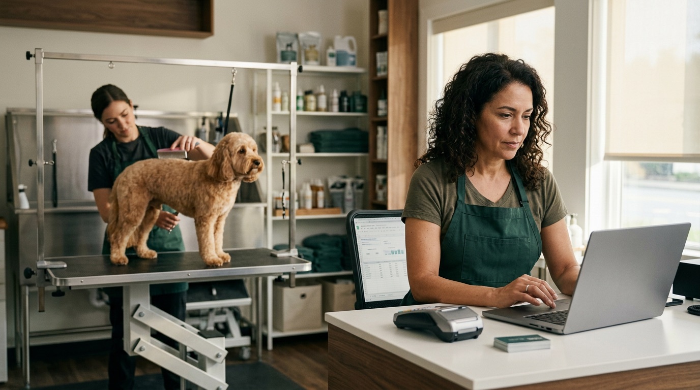 A grooming shop owner reviewing business numbers while a groomer works safely with a dog